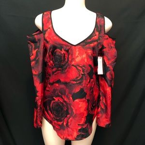 Bisou bisou red floral shirt blouse xs woman black